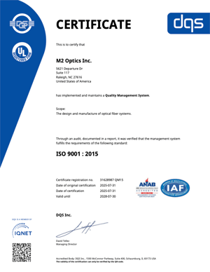 M2 Optics ISO9001 Certificate