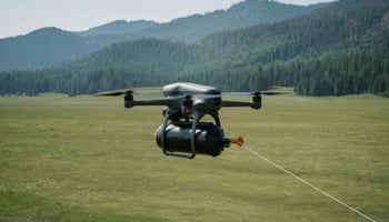 A flying fiber optic tethered FPV drone, with an OptiTether fiber spool canister